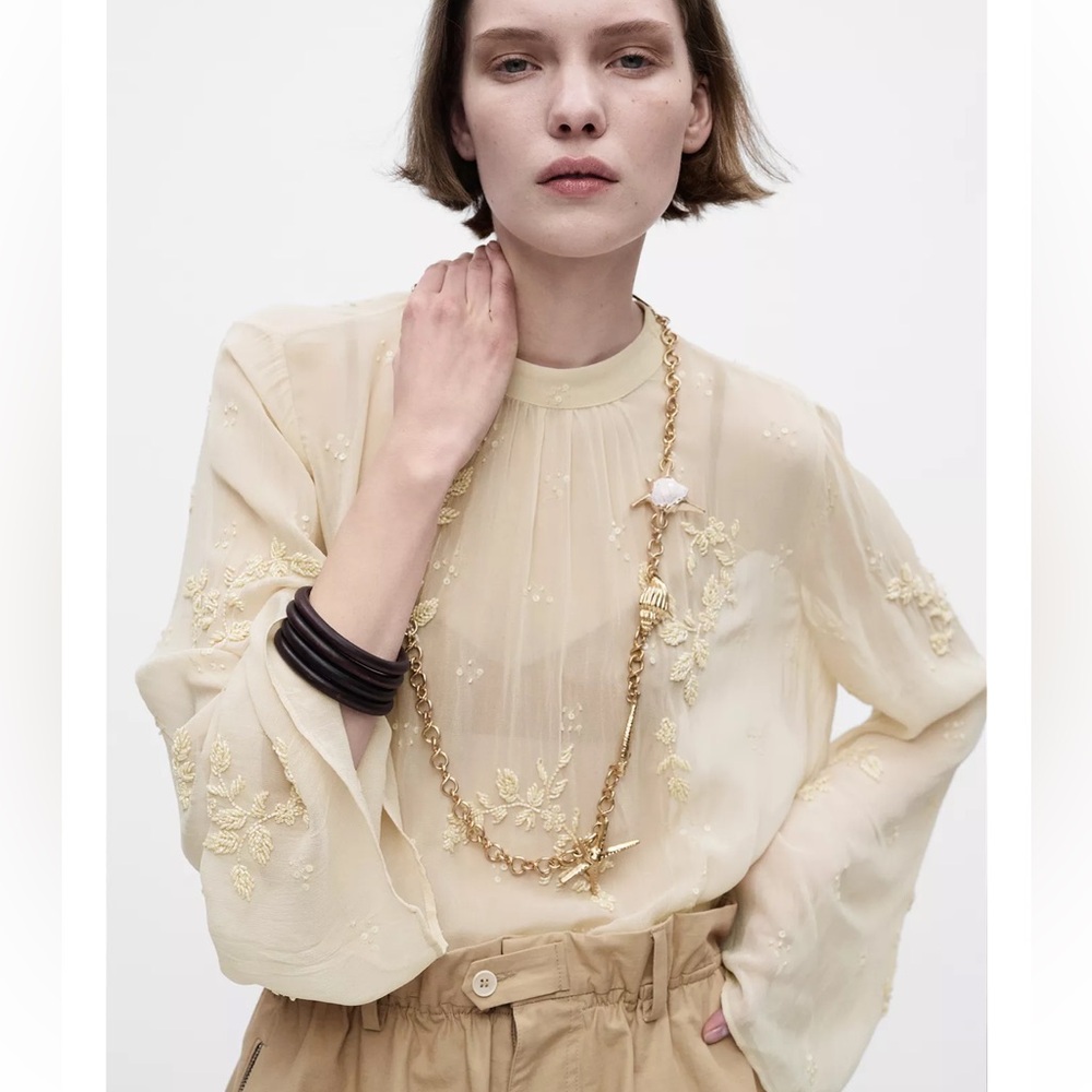 ZARA Pleated Embroidered Shirt ZW Collection In Beige Pink